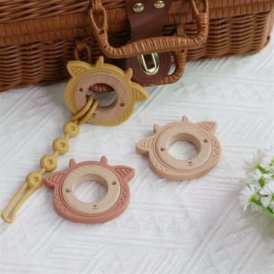Πολυλειτουργικό Silicone Baby Teether με προσάρτημα Δοντιών ξύλινο δαχτυλίδι ζωικό μοτίβο